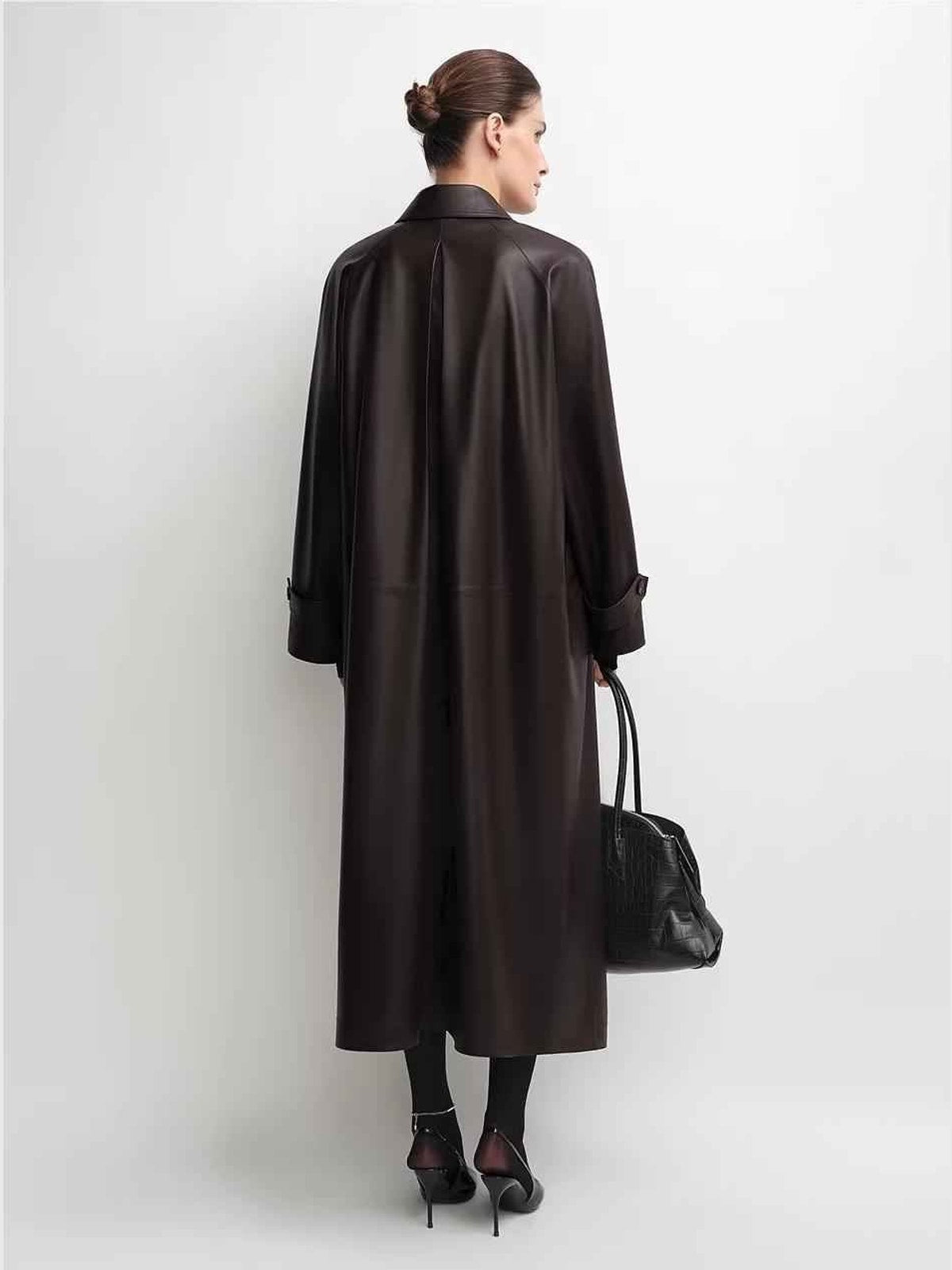 THE ARTM Women's Lambskin Leather Trench Coat - Long A-Line Raglan Sleeve Jacket-4