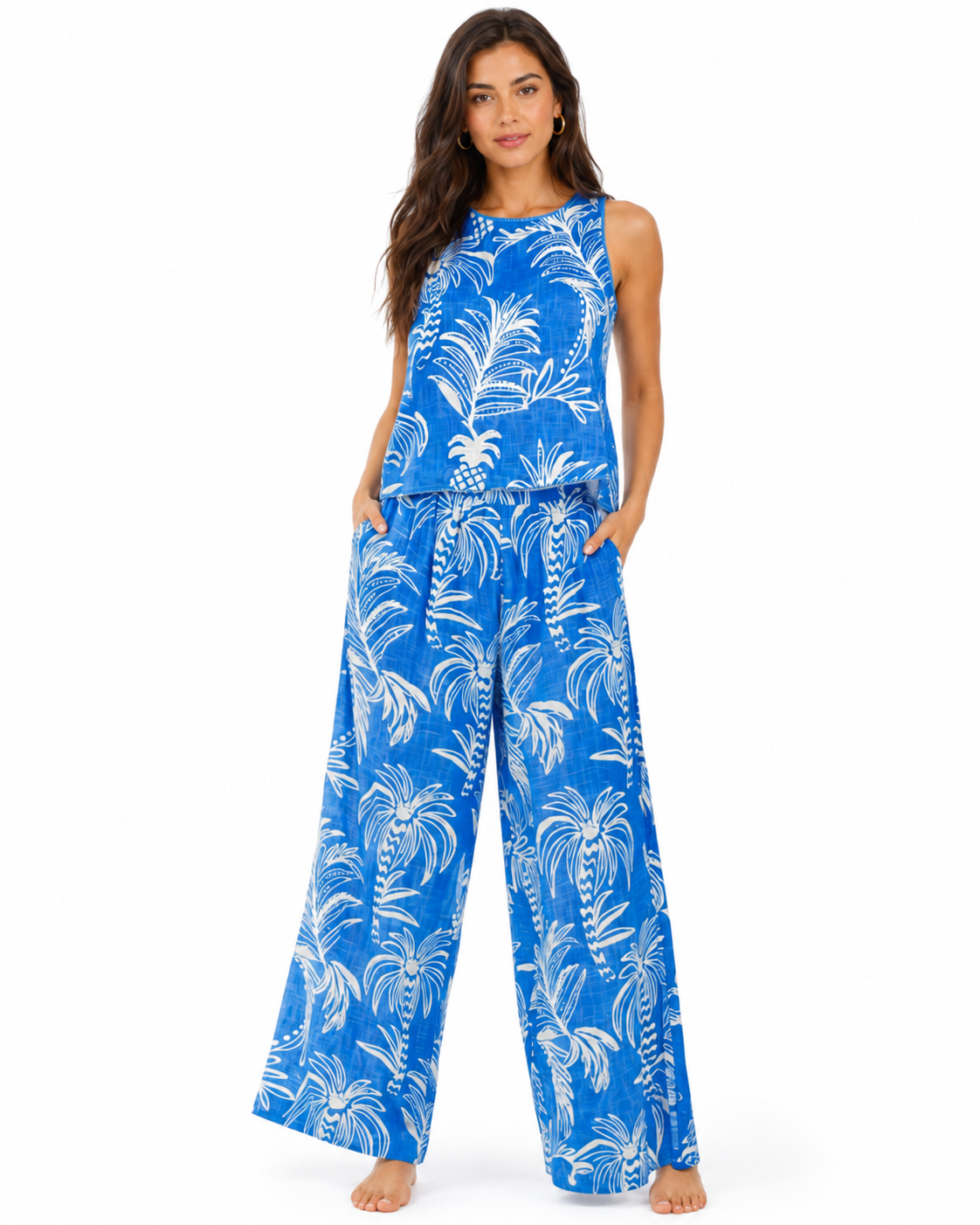 Wholesale Blue Palm-Print Sleeveless Tank & Wide-Leg Pants Resort Set-4
