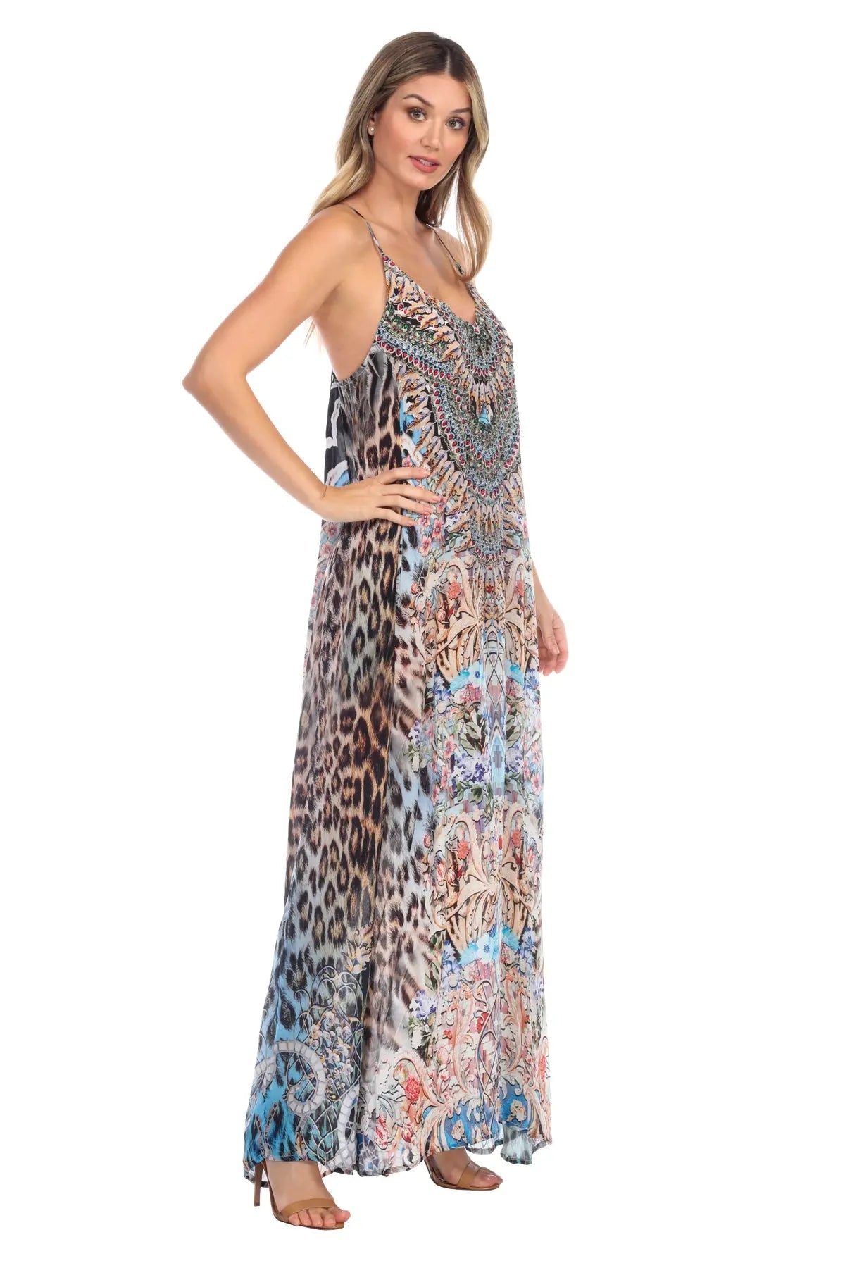 Blue Leopard Elegant Maxi Pocket Dress in Viscose Silk-3