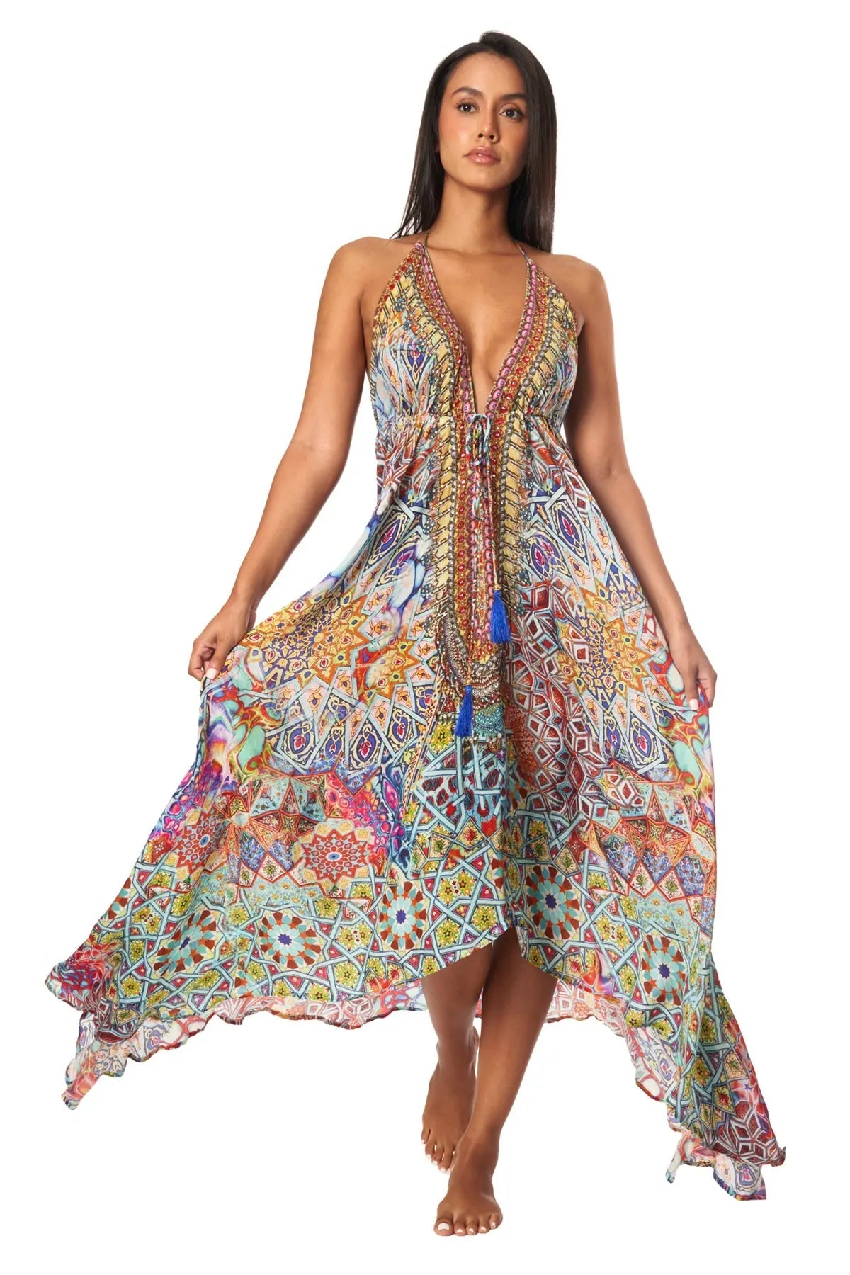 River Bed Designer Halter Neck Backless Resort Dress For Woman-3