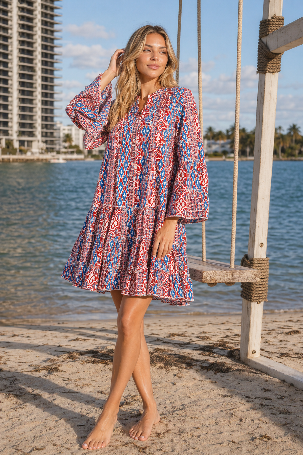 Red & Blue Tribal Block Print Bell-Sleeve Tiered Mini Dress – Wholesale Resort Prepack (6 Pcs)