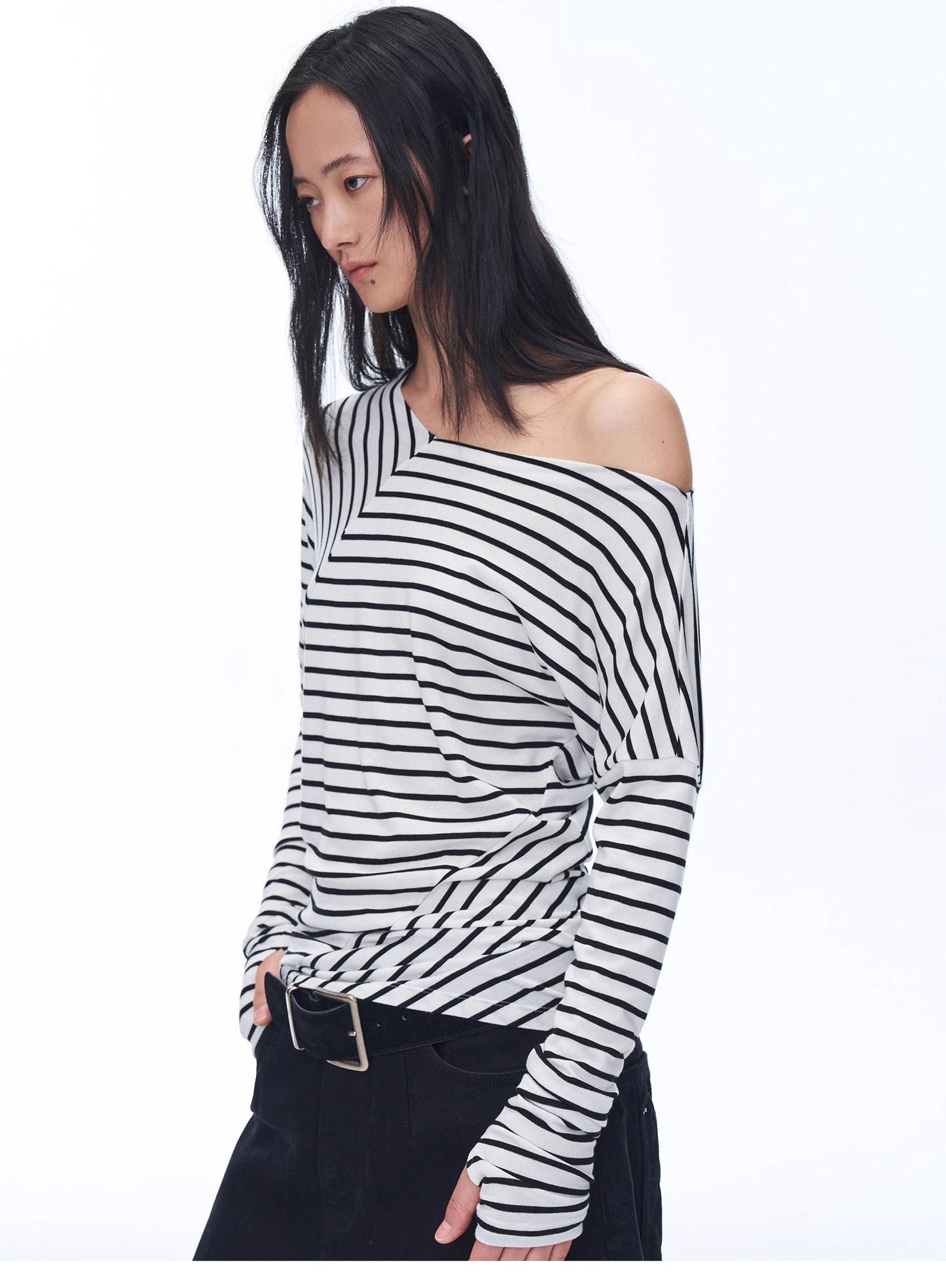 Fashionable off-shoulder Lyocell Tencel wool blended draped patchwork striped T-shirt"Picasso Lines"-4