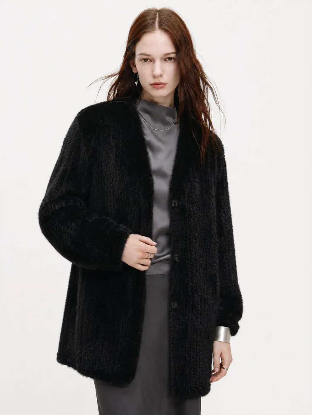 "Moon Serenade" High-luxury imported velvet mink woven fur coat mid-length mink coat (handmade)