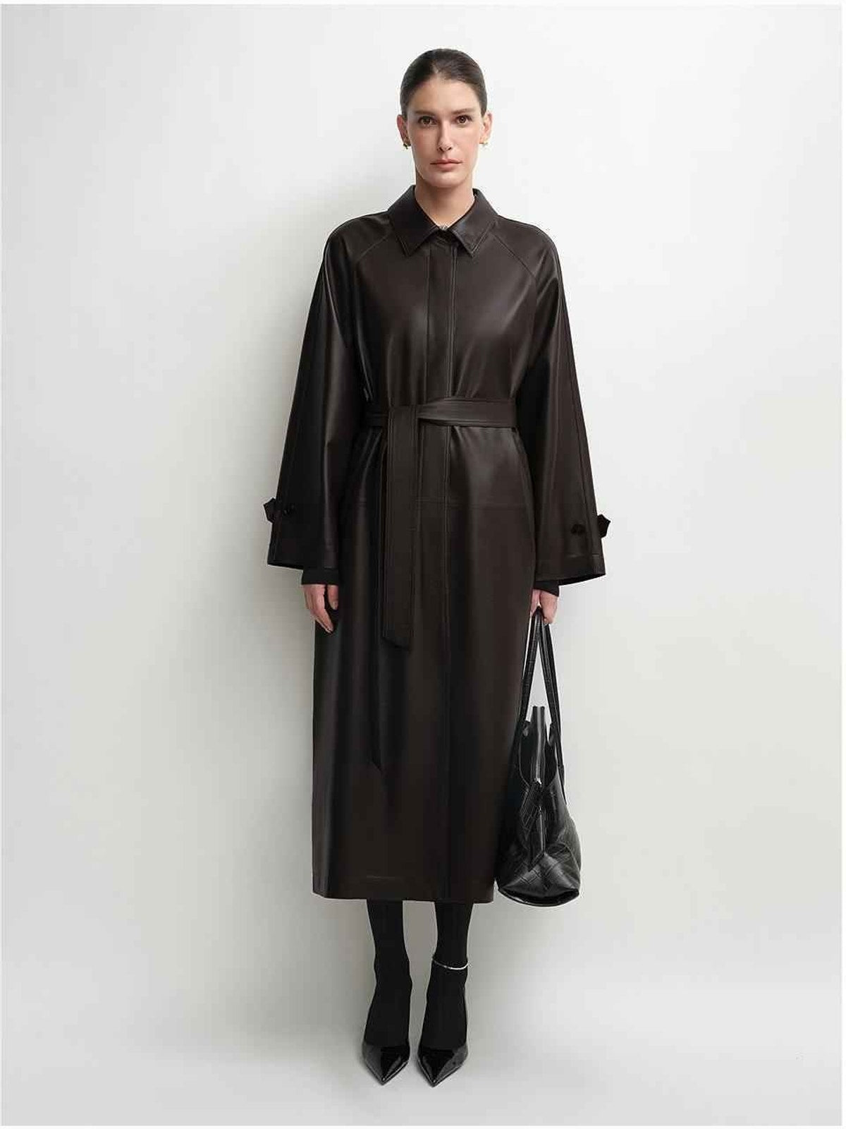 THE ARTM Women's Lambskin Leather Trench Coat - Long A-Line Raglan Sleeve Jacket-1