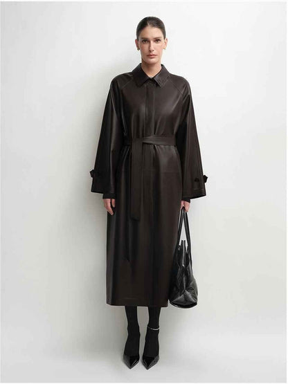 THE ARTM Women's Lambskin Leather Trench Coat - Long A-Line Raglan Sleeve Jacket-1