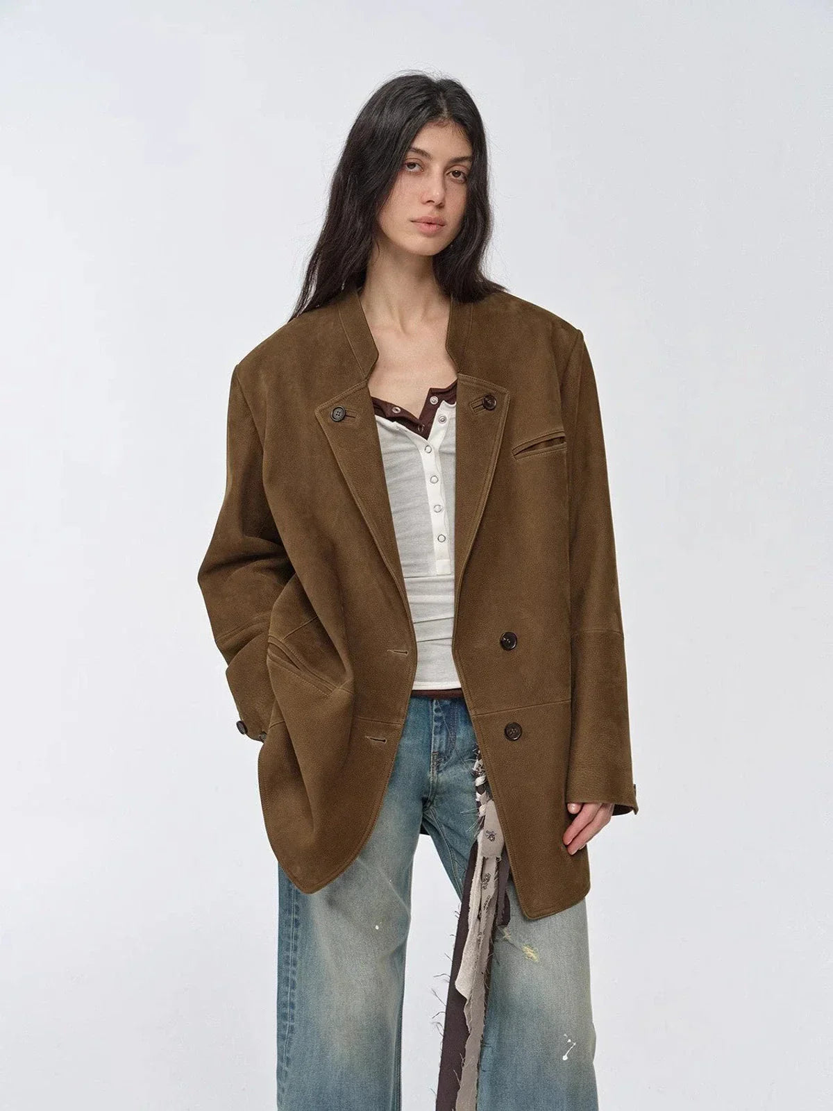 Vintage suede goatskin leather mid-length suit jacket "Bavaria"-1