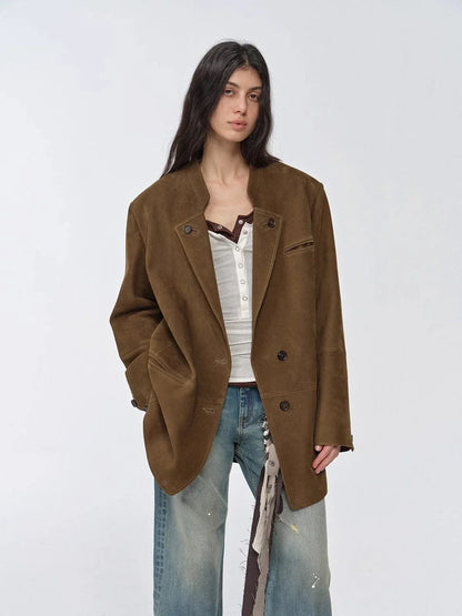 Vintage suede goatskin leather mid-length suit jacket "Bavaria"-1