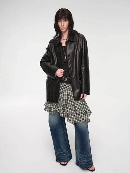 Goatskin simple and versatile retro suit-style leather windbreaker jacket "Fashionable Kosi"-1