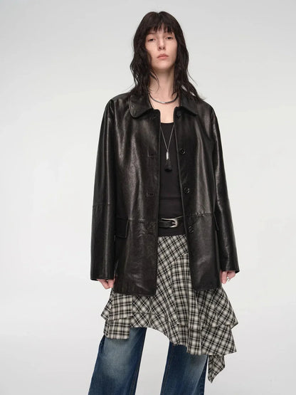 Goatskin simple and versatile retro suit-style leather windbreaker jacket "Fashionable Kosi"-2