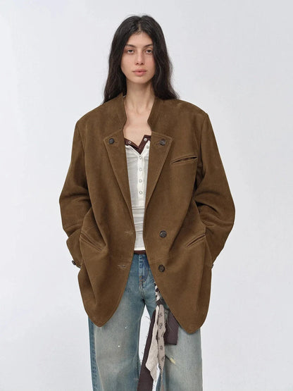 Vintage suede goatskin leather mid-length suit jacket "Bavaria"-2