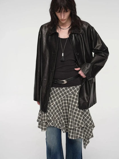 Goatskin simple and versatile retro suit-style leather windbreaker jacket "Fashionable Kosi"-3