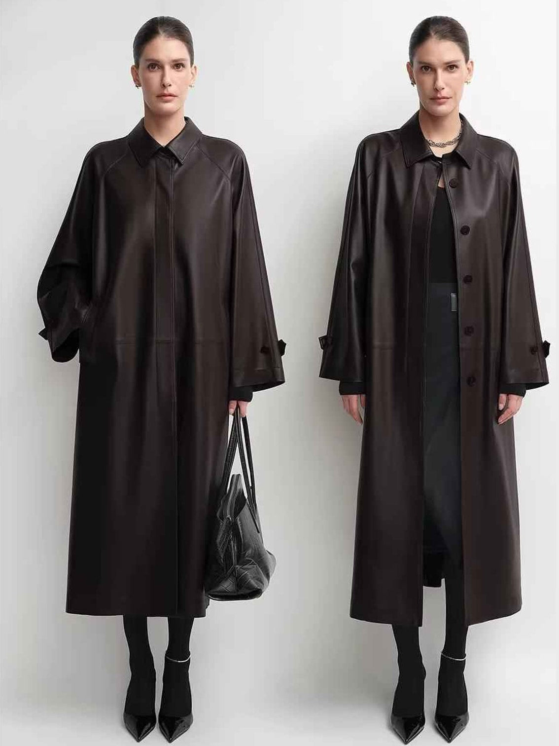 THE ARTM Women's Lambskin Leather Trench Coat - Long A-Line Raglan Sleeve Jacket-2
