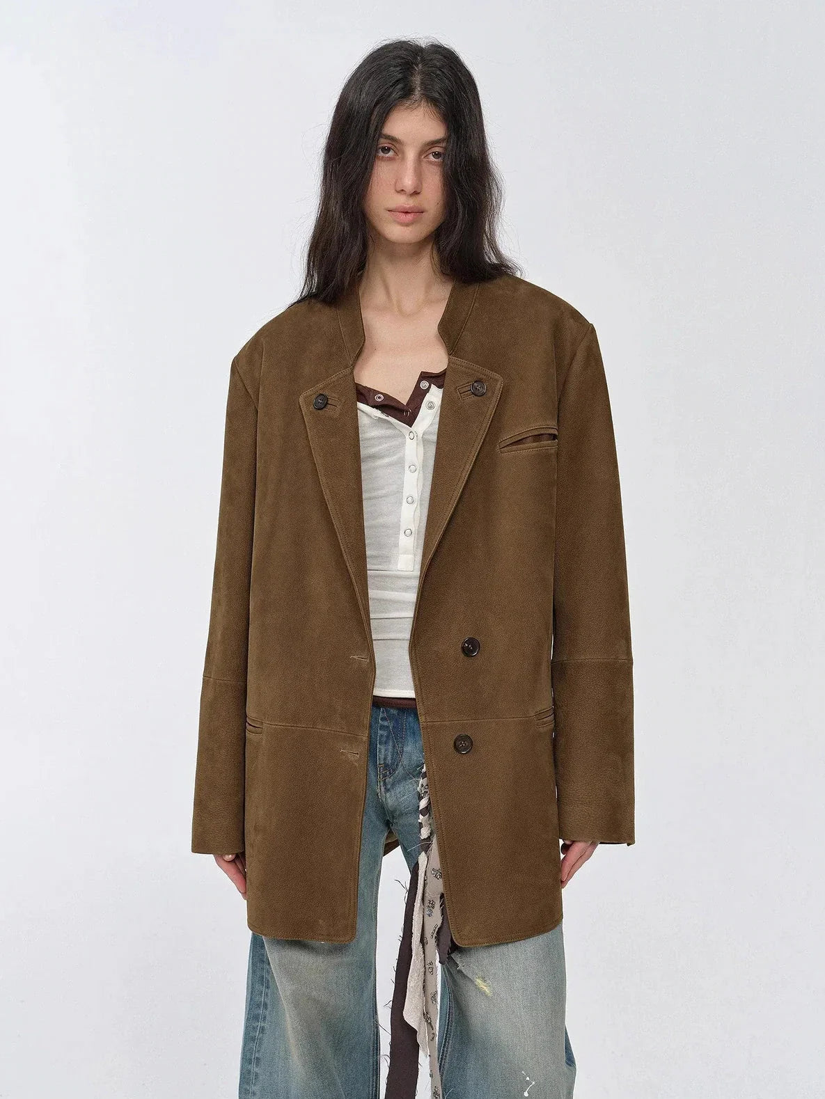 Vintage suede goatskin leather mid-length suit jacket "Bavaria"-3