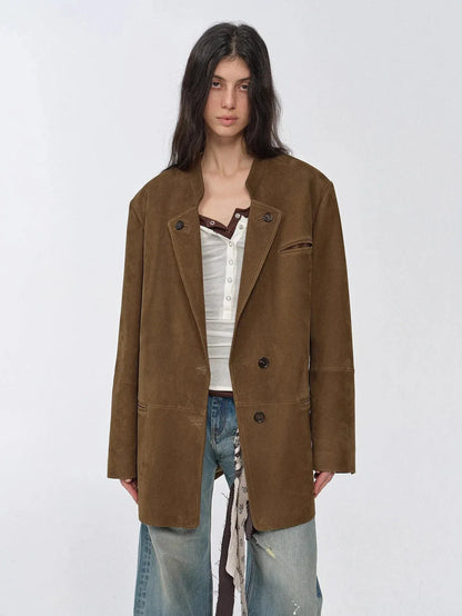 Vintage suede goatskin leather mid-length suit jacket "Bavaria"-3