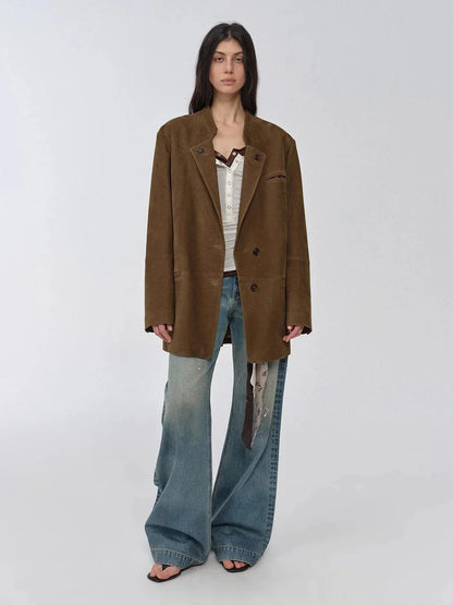 Vintage suede goatskin leather mid-length suit jacket "Bavaria"-4