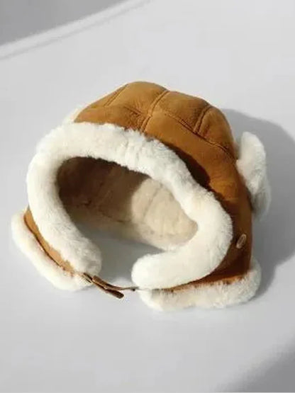 Merino wool warm earmuffs genuine leather suede aviator hat-1