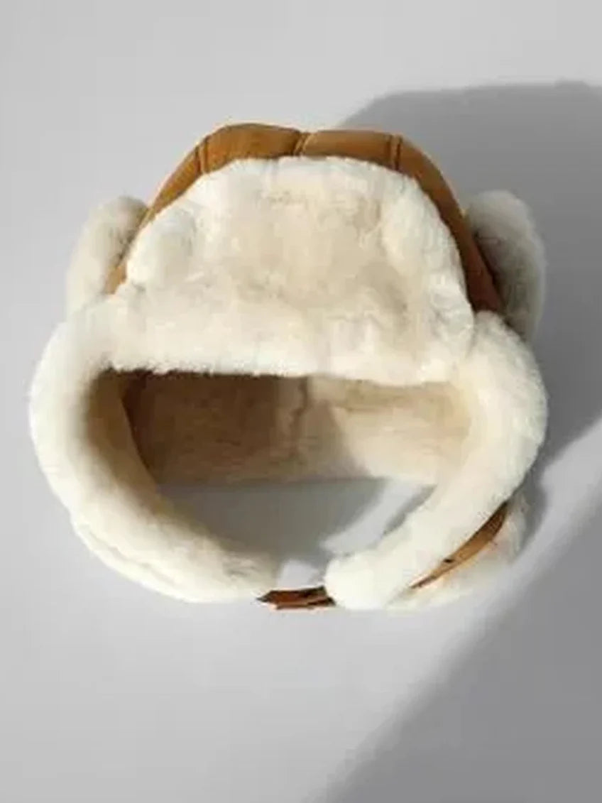 Merino wool warm earmuffs genuine leather suede aviator hat-2