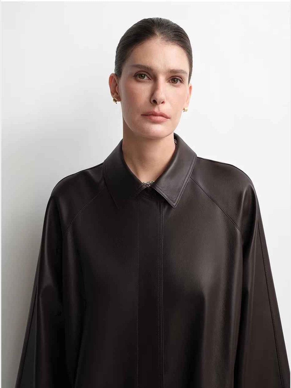 THE ARTM Women's Lambskin Leather Trench Coat - Long A-Line Raglan Sleeve Jacket-3