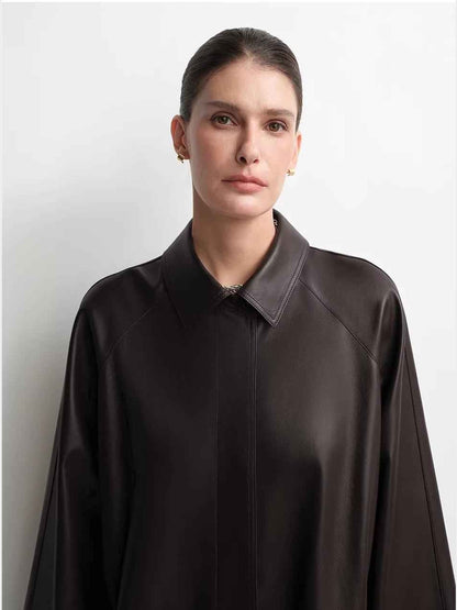 THE ARTM Women's Lambskin Leather Trench Coat - Long A-Line Raglan Sleeve Jacket-3