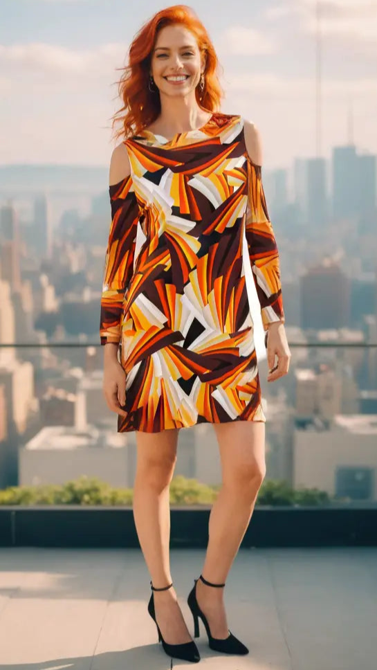 Geometric Print Cold Shoulder Resort Dress-3