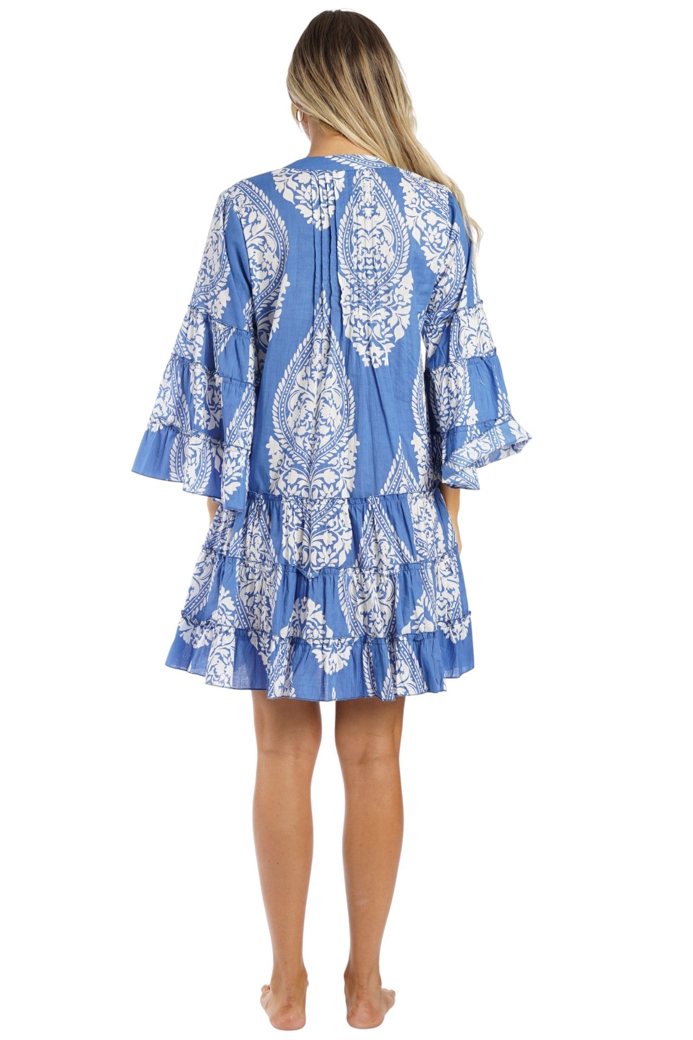 Cobalt Blue Block Print Tiered Bell-Sleeve Boho Mini Dress – Wholesale Resort Prepack (6 Pcs)-2