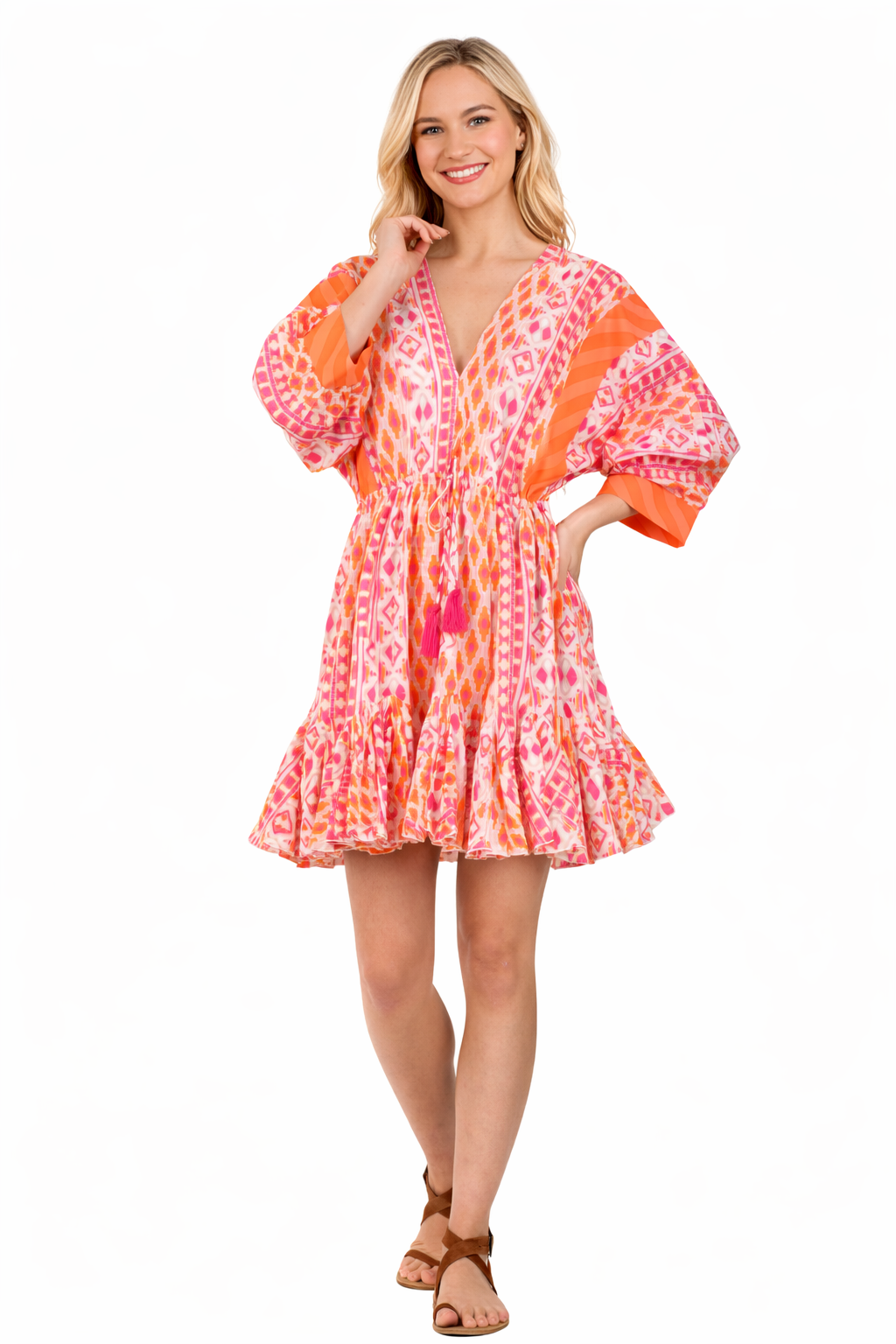 Coral Orange Ikat Print Tiered Babydoll Bell-Sleeve Mini Dress – Wholesale Resort Prepack (6 Pcs)-3
