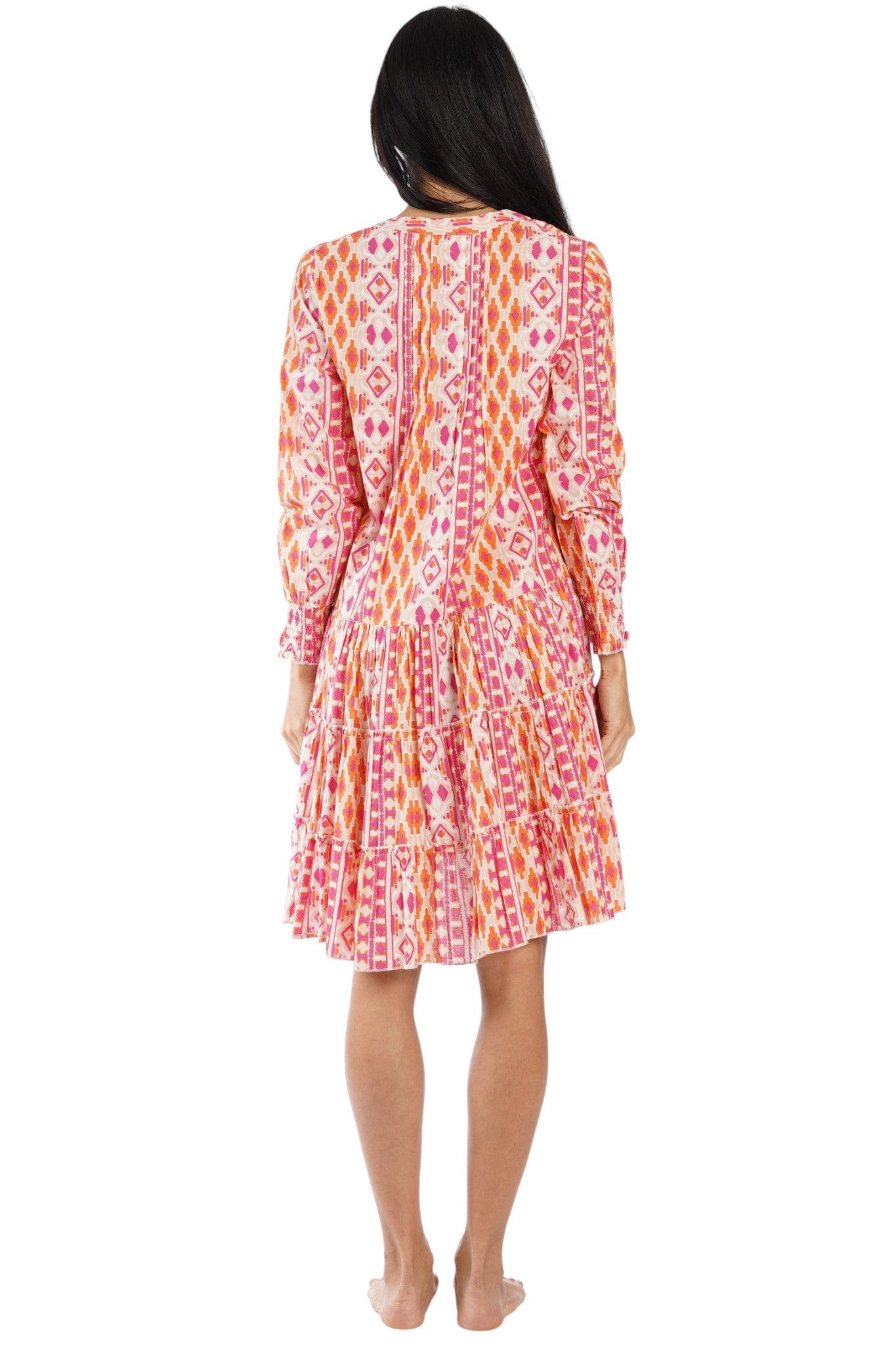Coral Orange Ikat Print Tiered Babydoll Bell-Sleeve Mini Dress – Wholesale Resort Prepack (6 Pcs)-2