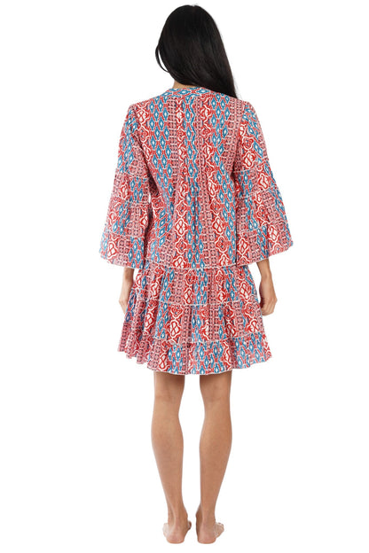 Red & Blue Tribal Block Print Bell-Sleeve Tiered Mini Dress – Wholesale Resort Prepack (6 Pcs)