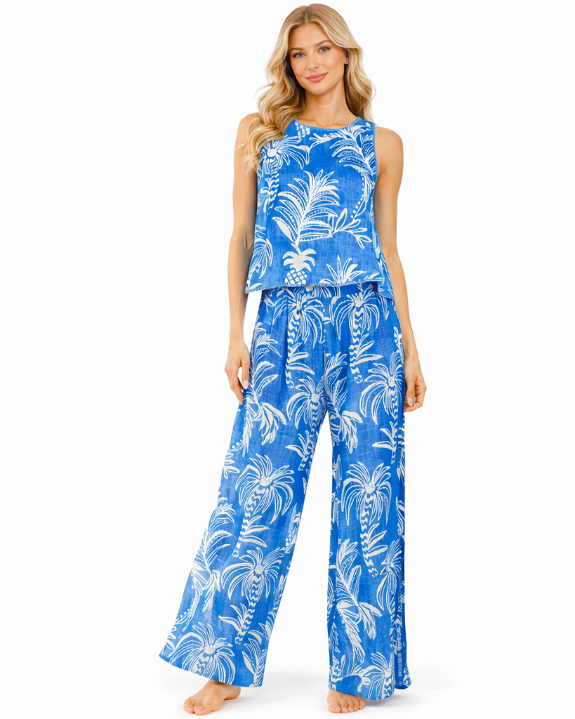 Wholesale Blue Palm-Print Sleeveless Tank & Wide-Leg Pants Resort Set-0