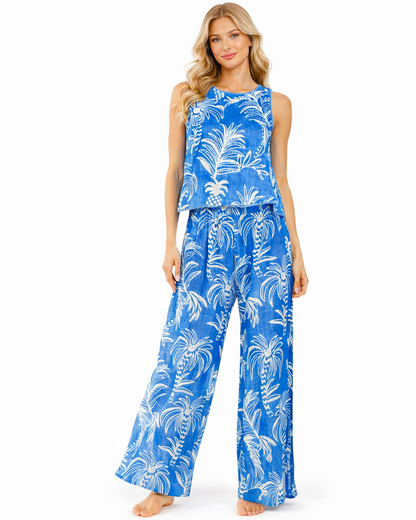 Wholesale Blue Palm-Print Sleeveless Tank & Wide-Leg Pants Resort Set-0