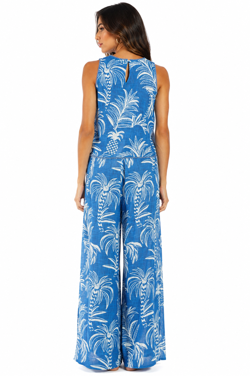 Wholesale Blue Palm-Print Sleeveless Tank & Wide-Leg Pants Resort Set-2