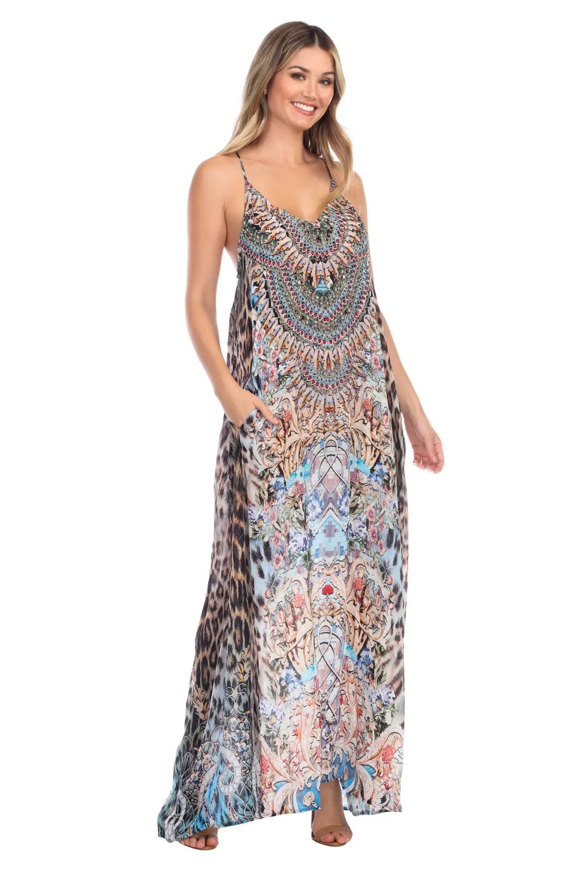 Blue Leopard Elegant Maxi Pocket Dress in Viscose Silk-0
