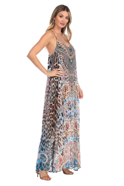 Blue Leopard Elegant Maxi Pocket Dress in Viscose Silk-3