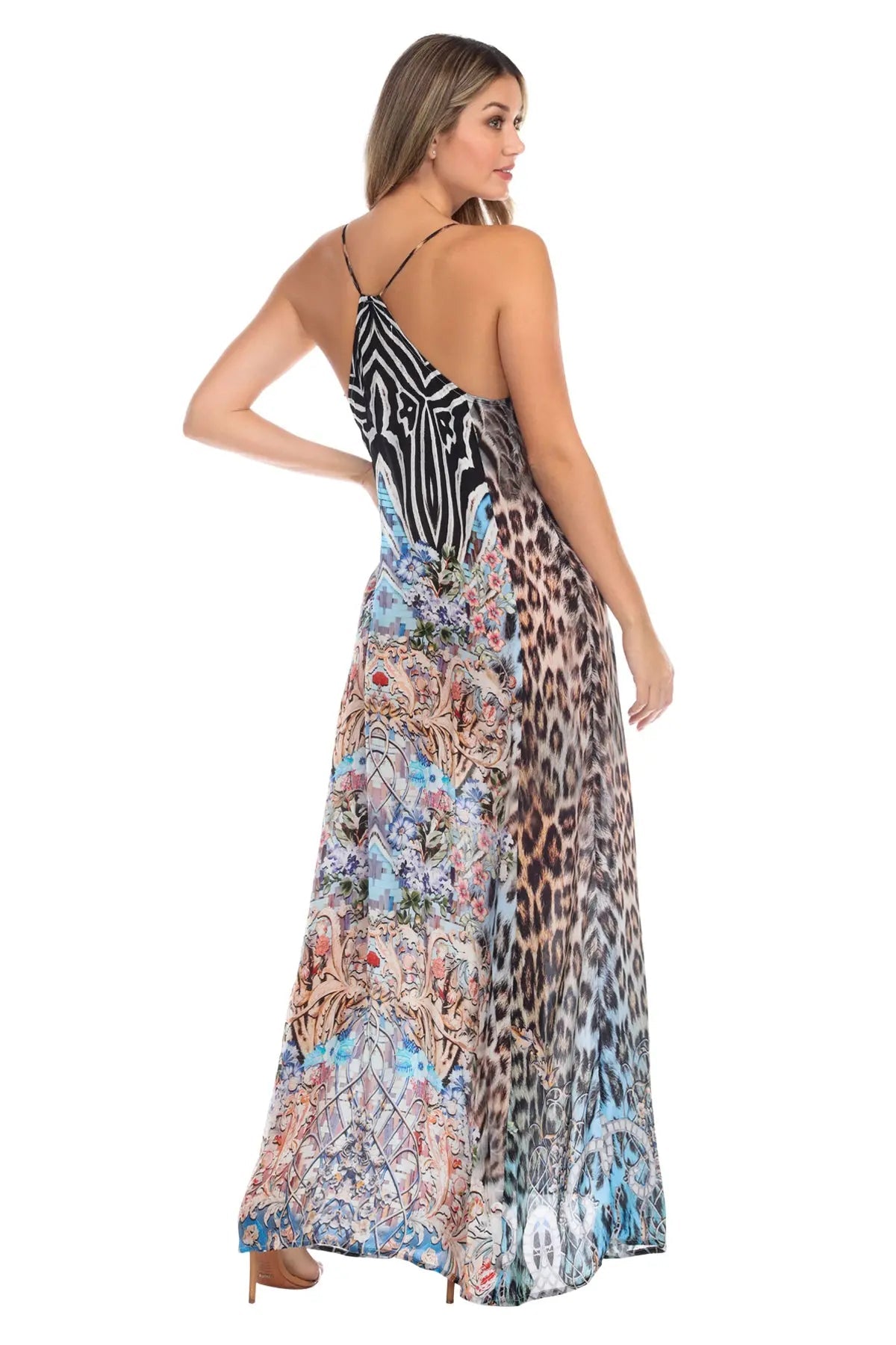 Blue Leopard Elegant Maxi Pocket Dress in Viscose Silk-2