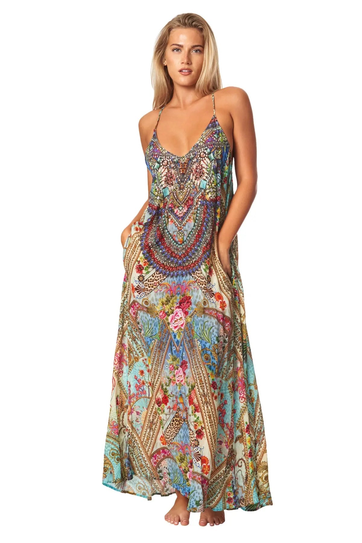 Queens Garden Bohemian T-back Maxi Dress with Front Pockets-0