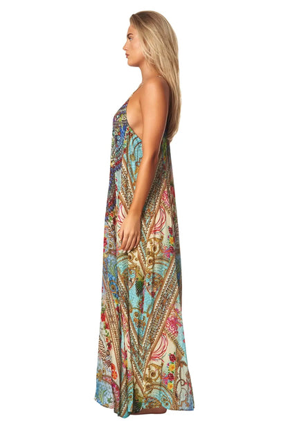 Queens Garden Bohemian T-back Maxi Dress with Front Pockets-1