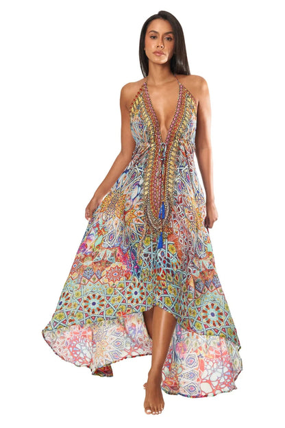 River Bed Designer Halter Neck Backless Resort Dress For Woman-0