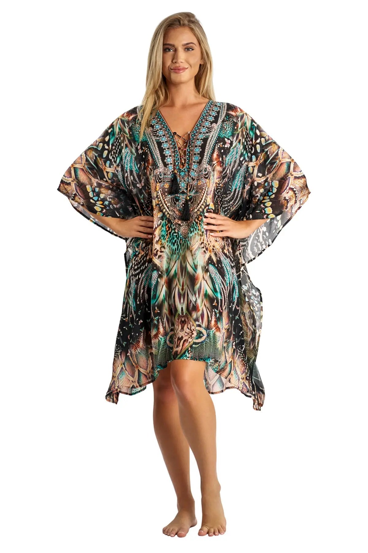 Caftan Light weight Lounger Dress | Laid Back Printed Kaftan Dress Coastal Resort Style Bathing Suit Bikini Swimsuit Cover Up-0