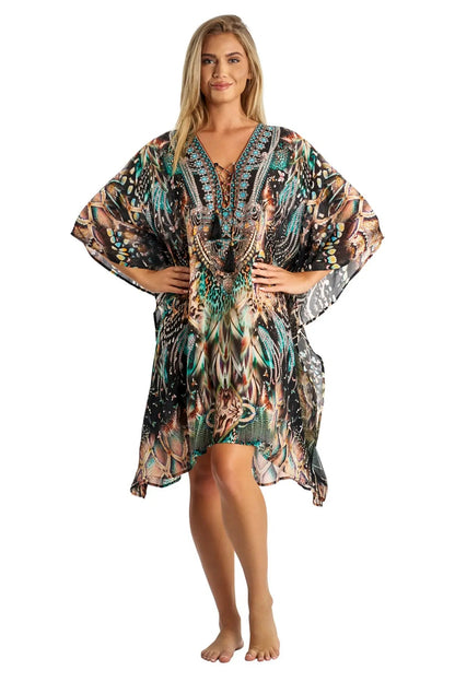 Caftan Light weight Lounger Dress | Laid Back Printed Kaftan Dress Coastal Resort Style Bathing Suit Bikini Swimsuit Cover Up-0