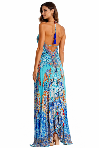 Ocean Blue Floral Halter Maxi Dress | Wholesale Pack of 4-1