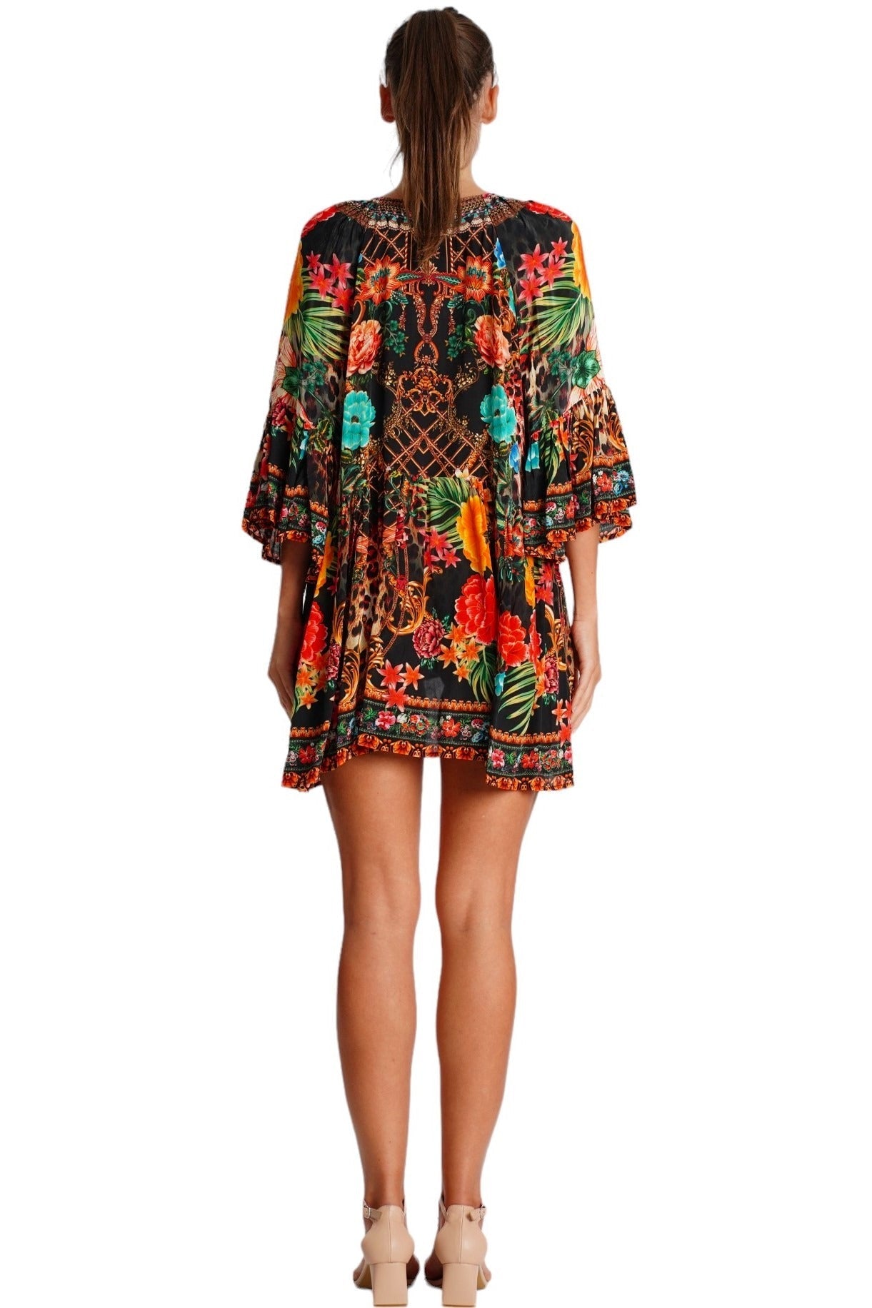 Black Tropical Floral V-Neck Mini Dress | Wholesale Pack of 4-2
