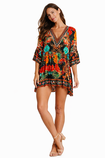 Black Tropical Floral V-Neck Mini Dress | Wholesale Pack of 4-0