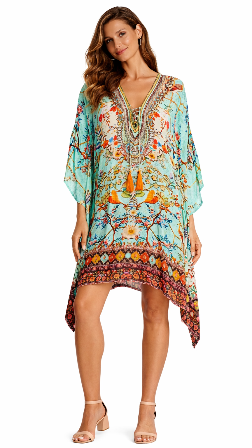 Teal Animal Print Kaftan Dress | Wholesale Bohemian Resort Wear for Boutiques-0