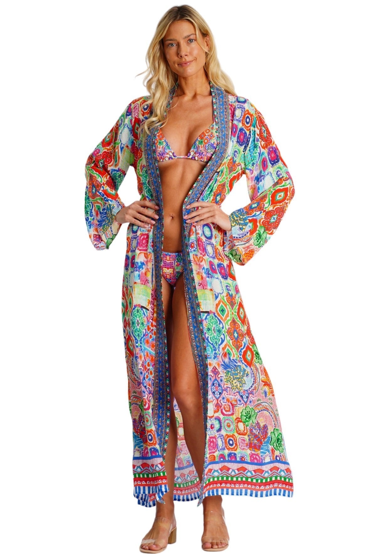 Wholesale Multicolor Printed Long Kimono Cape Beach Cover-Up-0