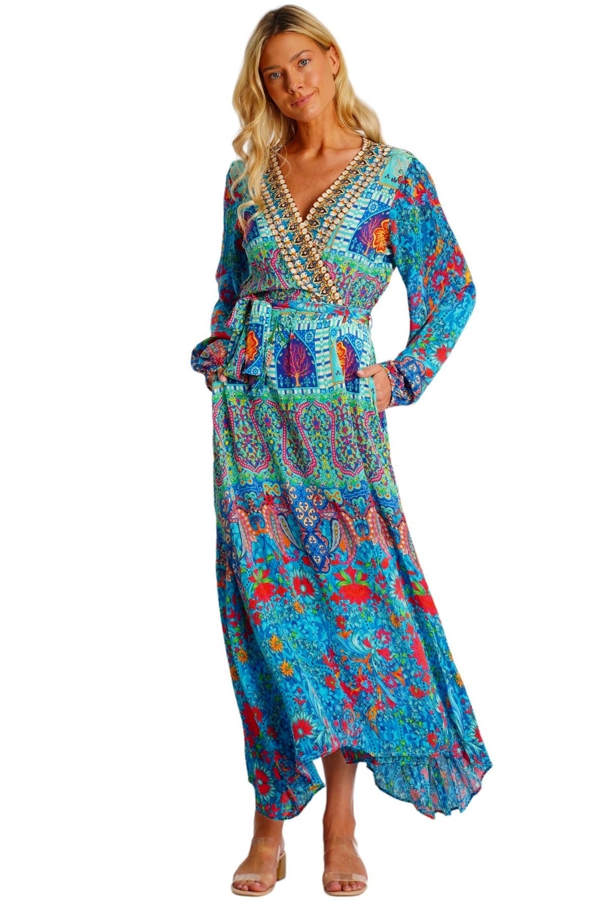 Turquoise Embellished Long Beach Kimono | Wholesale Pack of 4-3