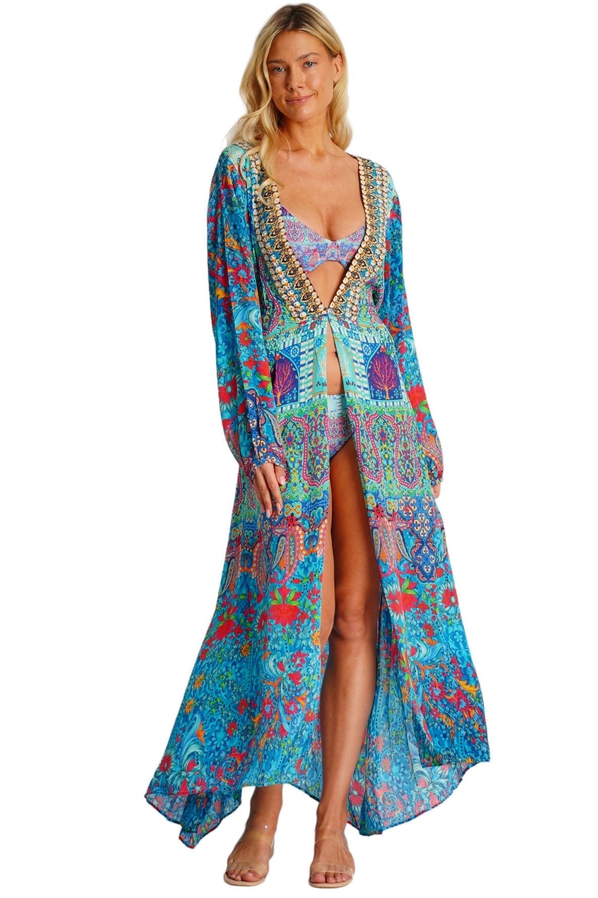 Turquoise Embellished Long Beach Kimono | Wholesale Pack of 4-0