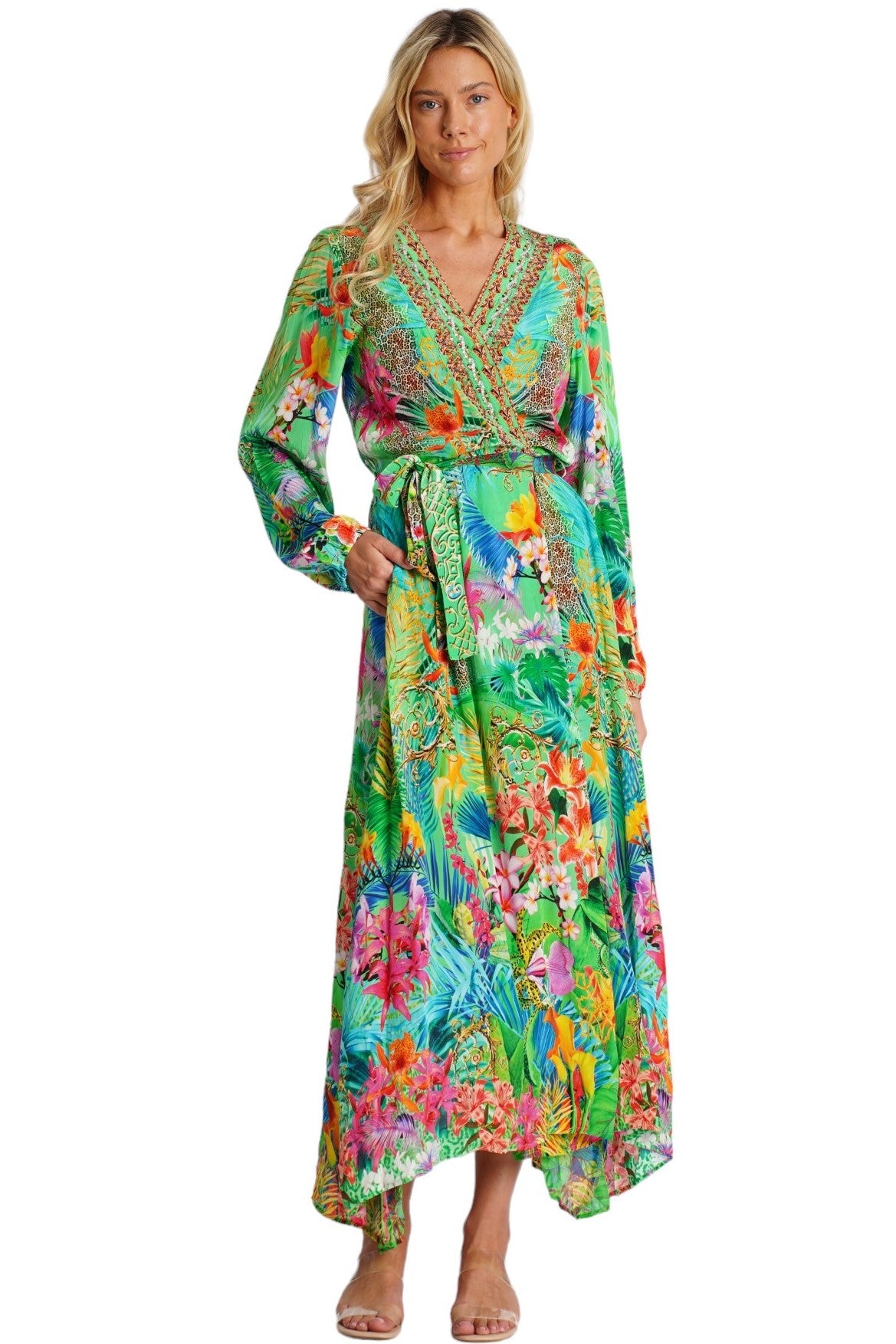 Green Tropical Embellished Long Beach Kimono | Wholesale Pack of 4-3