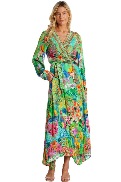 Green Tropical Embellished Long Beach Kimono | Wholesale Pack of 4-3