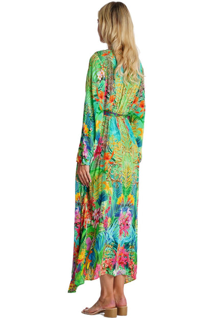 Green Tropical Embellished Long Beach Kimono | Wholesale Pack of 4-1