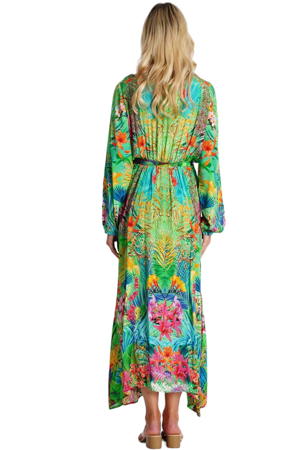 Green Tropical Embellished Long Beach Kimono | Wholesale Pack of 4-2